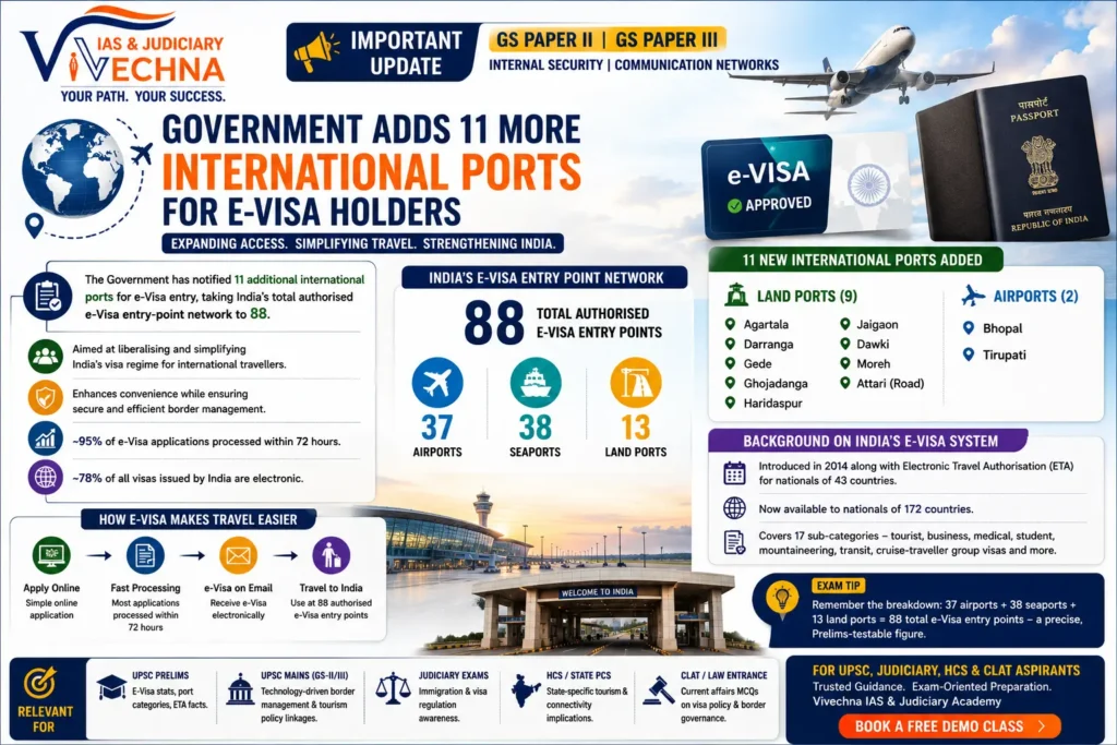 India Adds 11 New E-Visa Entry Ports | 88 Authorised Ports | UPSC